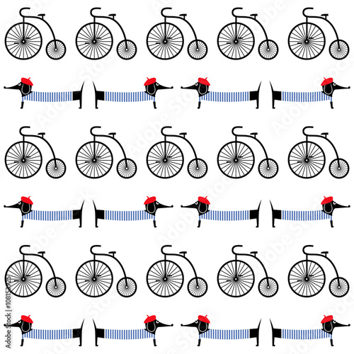 French style dog with retro bicycle seamless pattern. Cute cartoon parisian dachshund with vintage transport vector illustration. French style dressed dog with red beret and striped frock.