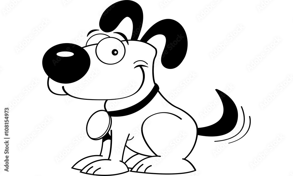 Black and white illustration of a puppy wagging his tail. Black and white illustration of a puppy wagging his tail.