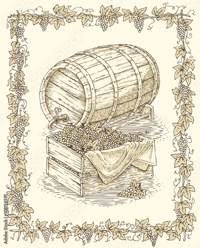 Engraving Oak Barrel and Wooden Box with Ripe Grape photo