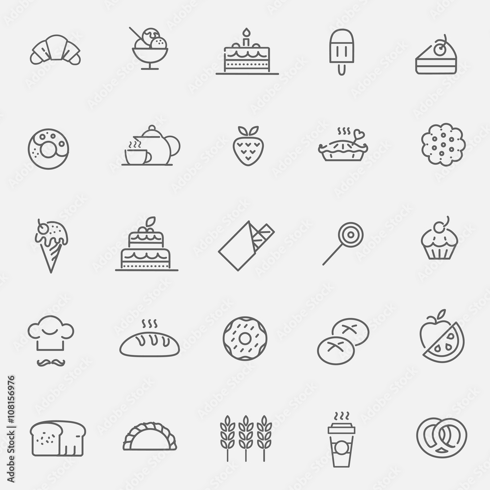 Bakery, pastry icons set - bread, donut, cake, cupcake Bakery, pastry icons set - bread, donut, cake, cupcake