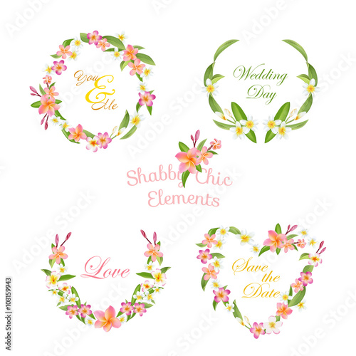 Tropical Wreath Set. Tropical Flowers. Floral Tags. Vector Realistic Flowers
