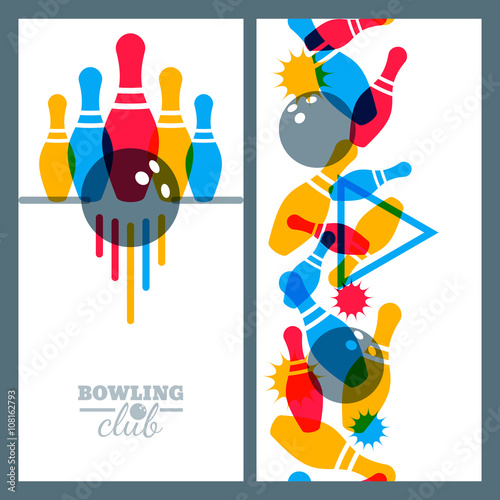 Set of bowling banner, poster, flyer or label design elements. Vertical seamless multicolor background. Abstract vector illustration of bowling game. Colorful bowling ball, bowling pins.