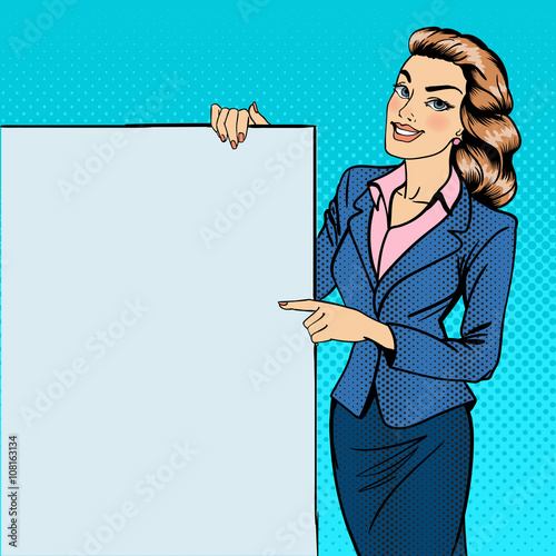 Woman Gesturing on Poster. Businesswoman Holding Banner. Girl Advertising