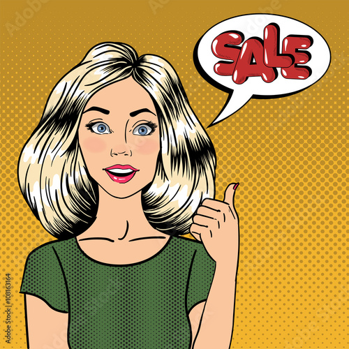 Sale Banner. Woman Gesturing Great. Pin Up Girl. Bubble Expression Sale
