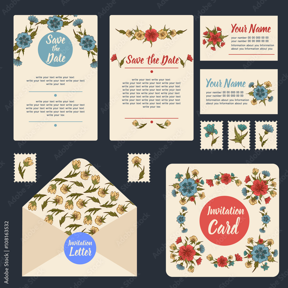 Naklejka premium Wedding Invitation Stationary Set. Floral Decoration