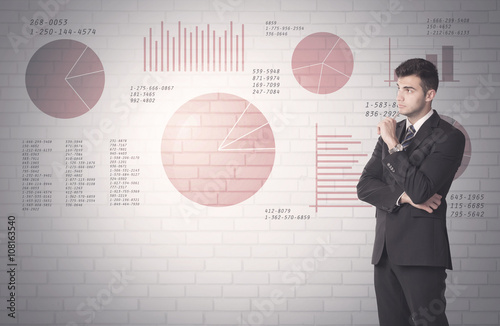 Pie charts and numbers on wall with salesman