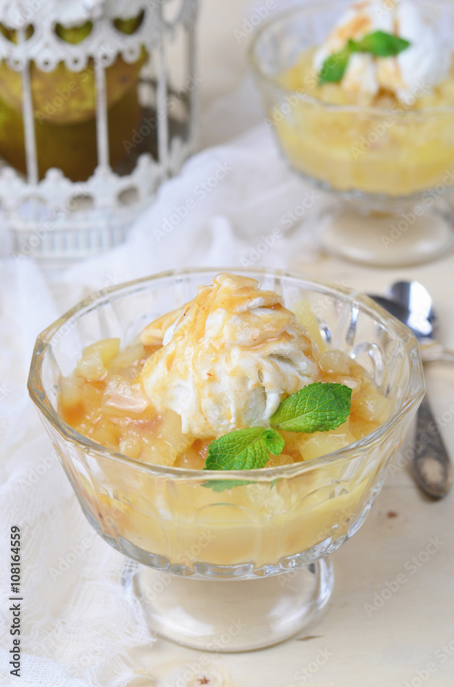 Pear Dessert with Ice-Cream and Caramel Sauce Pear Dessert with Ice-Cream and Caramel Sauce