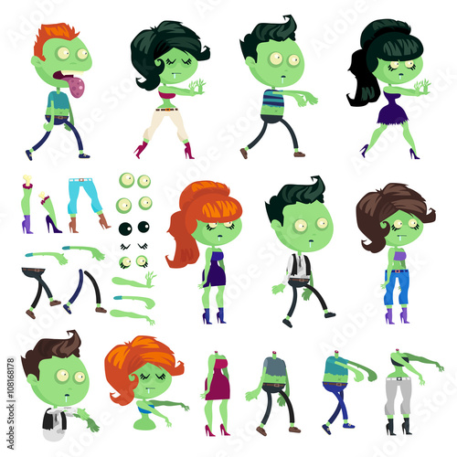 Big set of zombie men and women in cartoon style.