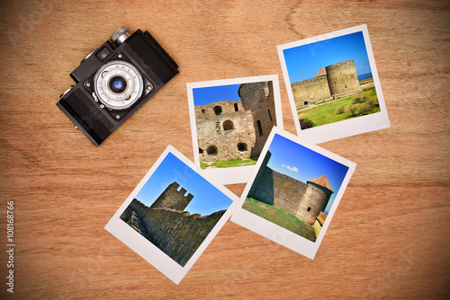 camera and photos with medieval castle