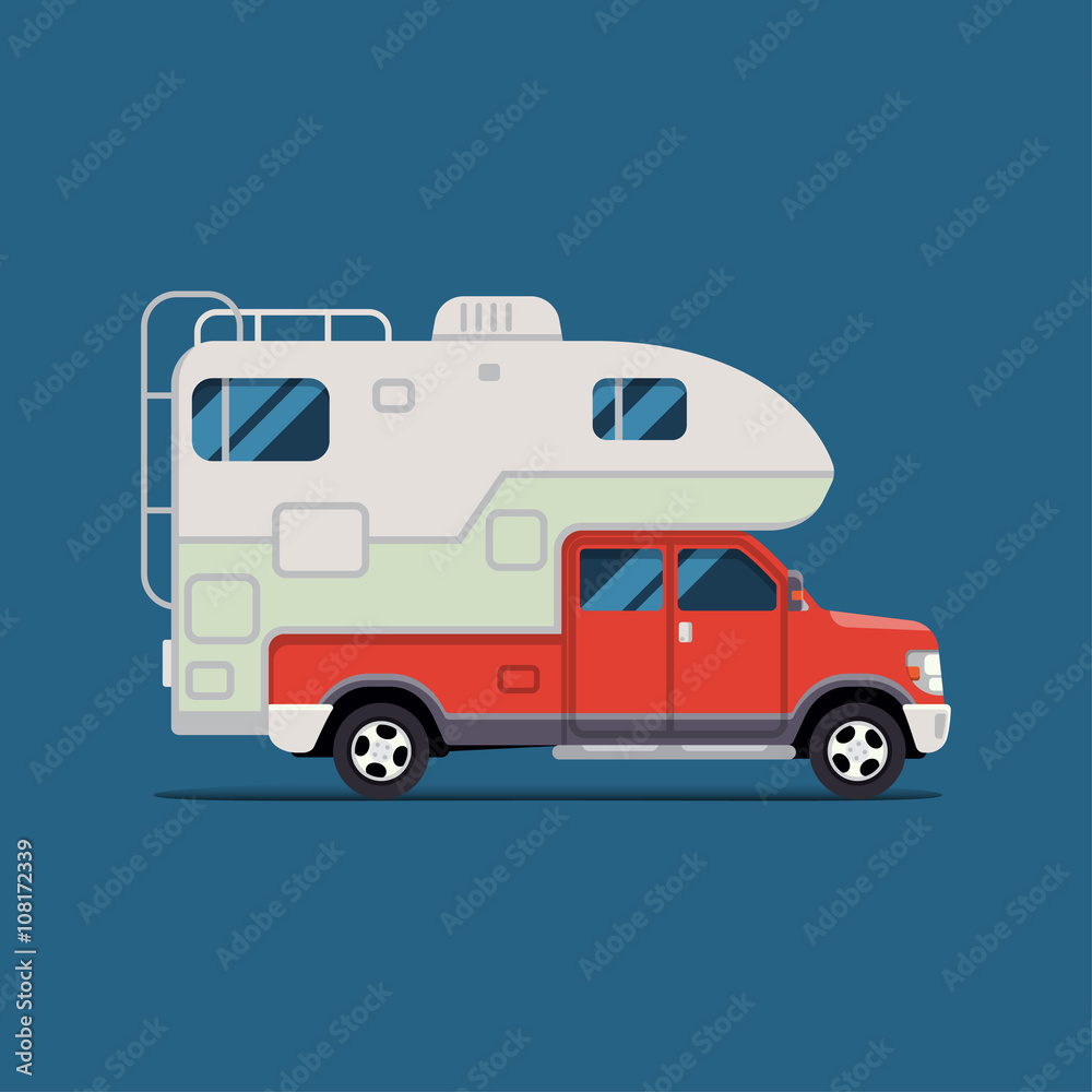 Fototapeta premium Vector illustration flat. the bestbanner for the travel agency and camping, outdoor activities, sports and outdoor recreation. Camper