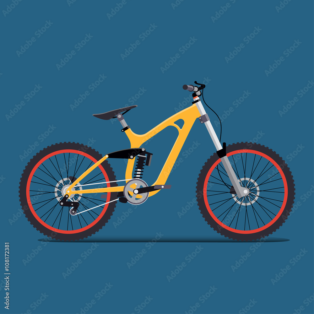 vector illustration flat for extreme sports bike trips in the mountains. tech design on a blue background.