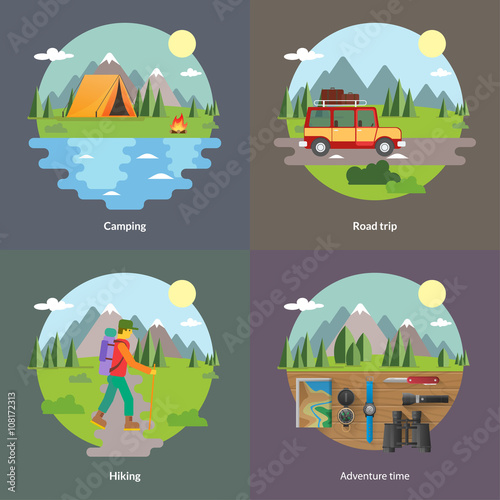 Best trips and camping for unforgettable journey 4 flat square icons composition banner abstract isolated vector illustration