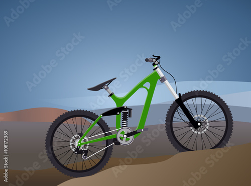 vector illustration flat for extreme sports bike trips in the mountains. tech design. against the backdrop of mountain scenery