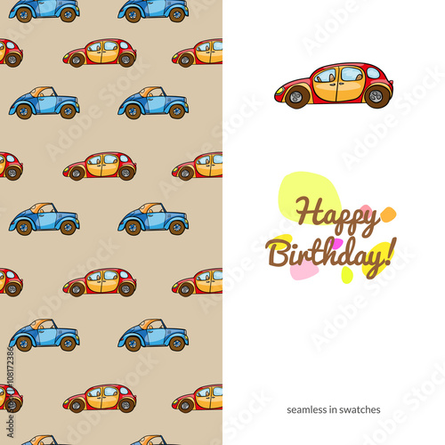 children's greeting card with the images of children's toys transport. sided with seamless swatches pattern. funny color colorful cars