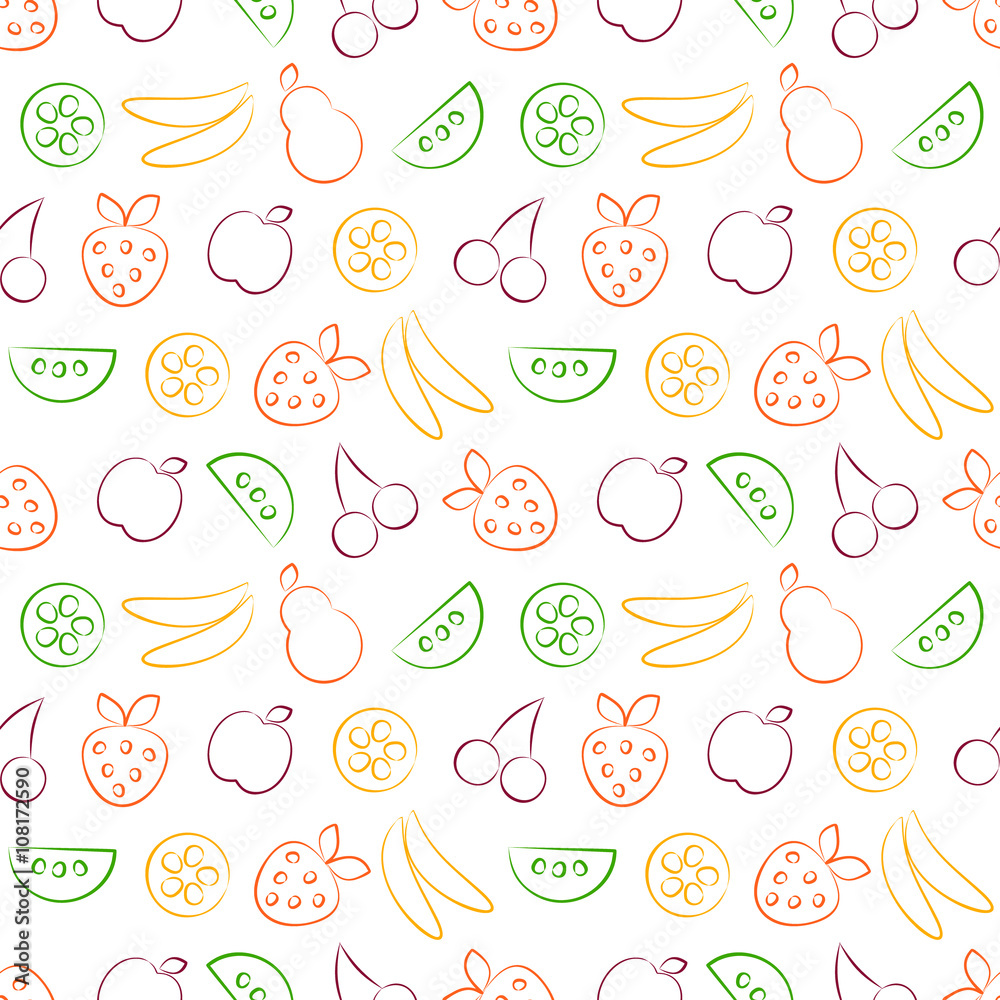 Seamless vector patterns with fruits. Colorful background with strawberry, banana, apple, pear, watermelon and cherry. Series of Fruits and Vegetables Seamless Patterns