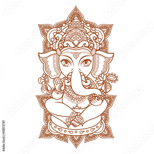 Hindu elephant head God Lord Ganesh. Hinduism. Paisley background. Indian, Hindu motifs. Henna tattoo, textiles, sticker. Cheerful colorful style. Vector elements isolated. Monochrome linear figure