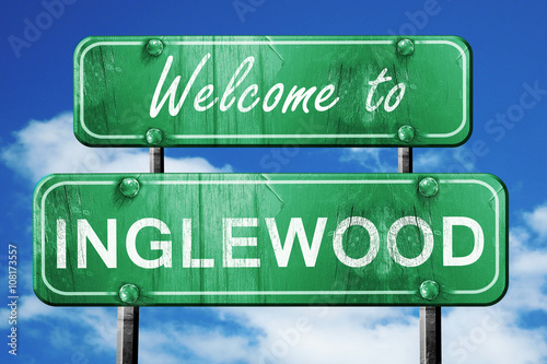 inglewood vintage green road sign with blue sky background photo