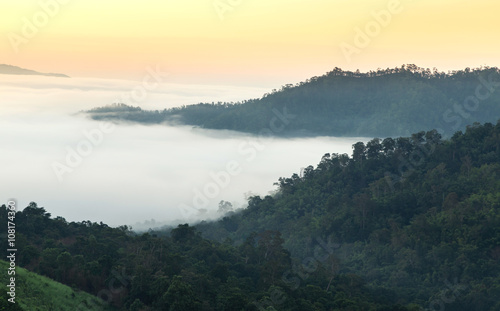 Sunrise in early morning with fog from the top of the mountain