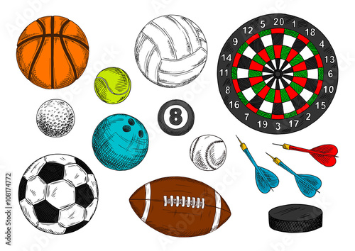Sporting balls, hockey puck, dart board sketches