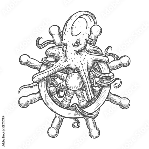 Angry octopus on ship helm sketch symbol