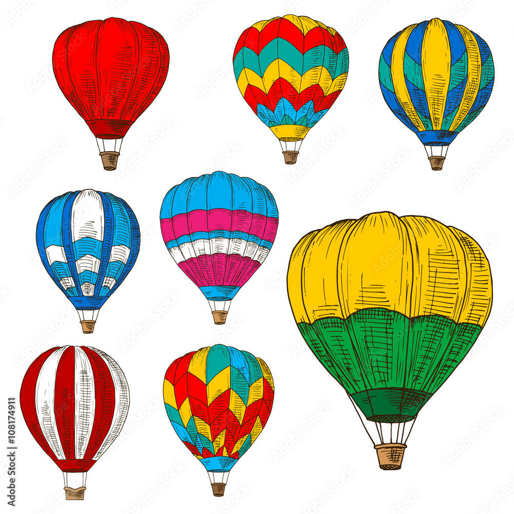 Obraz premium Hot air balloons in flight colored retro sketches