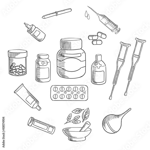 Medicine and pharmacy sketch icon