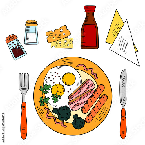 Traditional breakfast with eggs, bacon, sausages