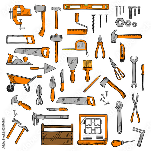 Sketched tools for building, carpentry, shoemaking