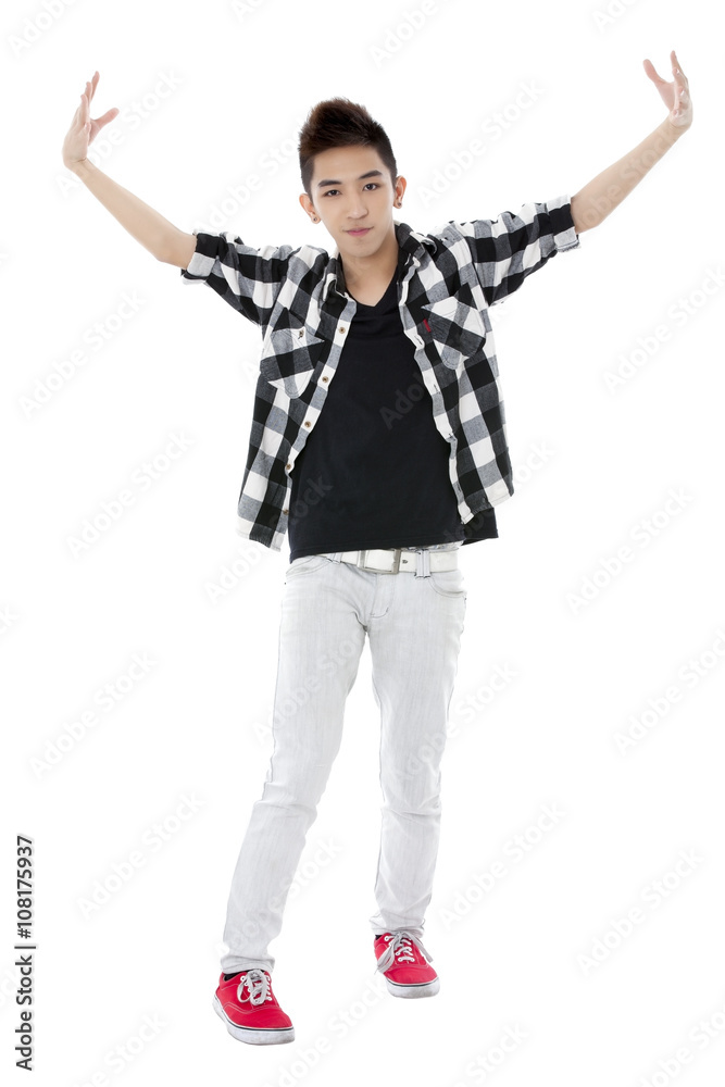 man raising his hands