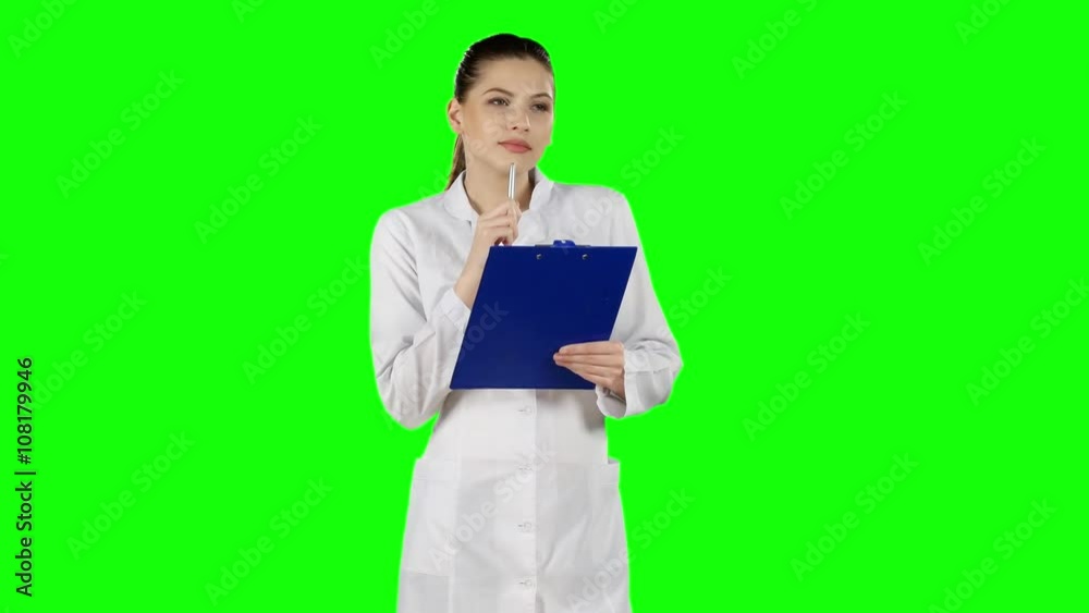Nurse or young doctor writing on medical file clipboard. Green screen Nurse or young doctor writing on medical file clipboard. Green screen