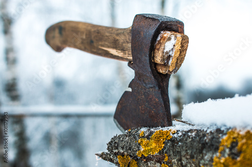 axe in a tree in winter
