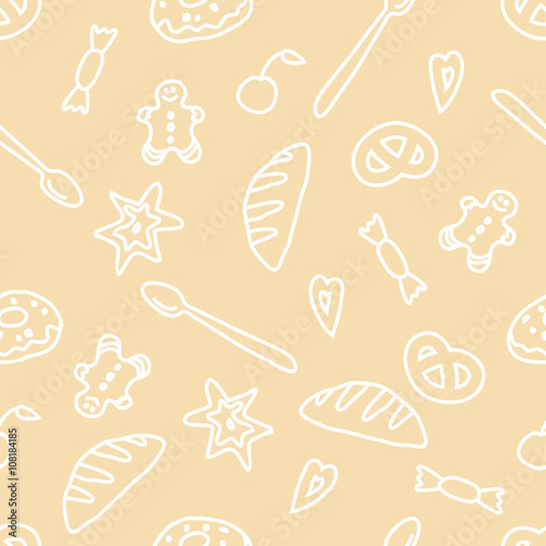 Bakery seamless pattern.Yellow coloured. Set of delicious objects.