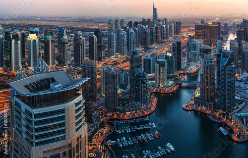 Dubai Marina skyline by night. United Arab Emirates. Travel background. 