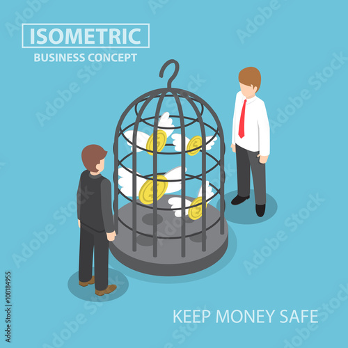 Isometric flying dollar trapped in bird cage