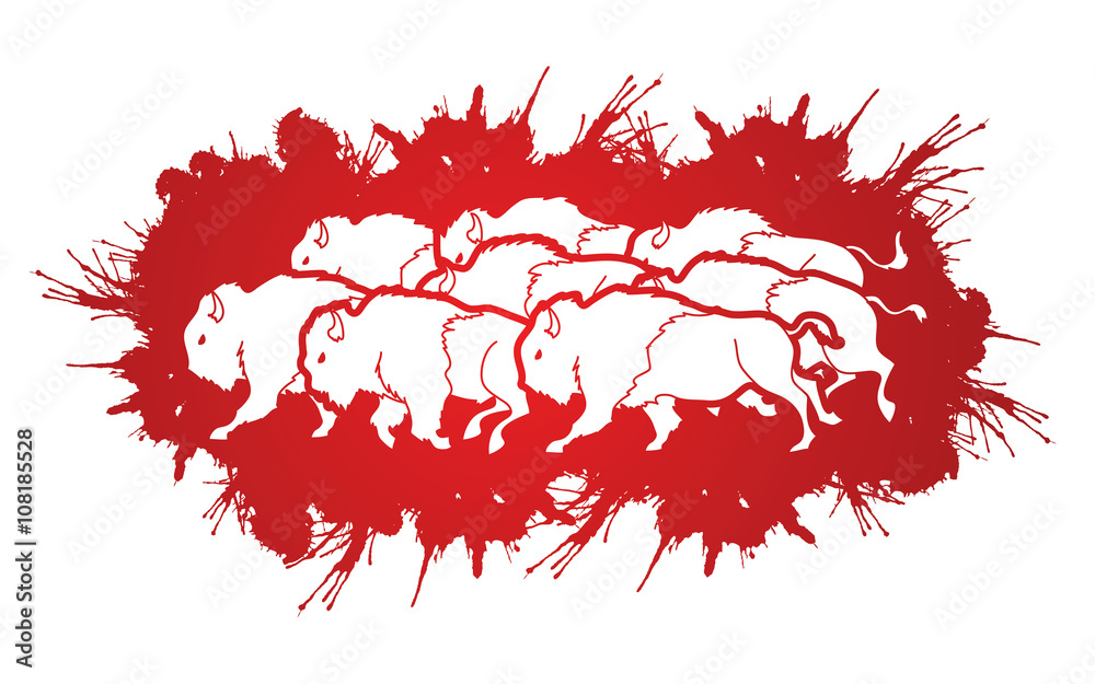 Group of buffalo running designed on splash blood background graphic vector