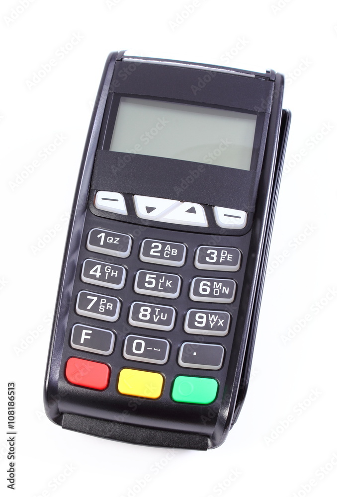 Payment terminal on white background, cashless paying for shopping, finance concept Payment terminal on white background, cashless paying for shopping, finance concept