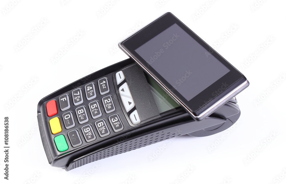 Payment terminal with mobile phone with NFC technology on white background, cashless paying for shopping Payment terminal with mobile phone with NFC technology on white background, cashless paying for shopping