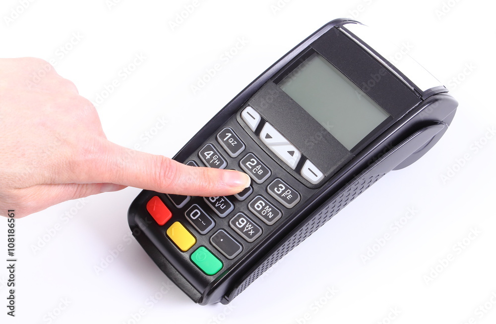 Using payment terminal, cashless paying for shopping, enter personal identification number Using payment terminal, cashless paying for shopping, enter personal identification number