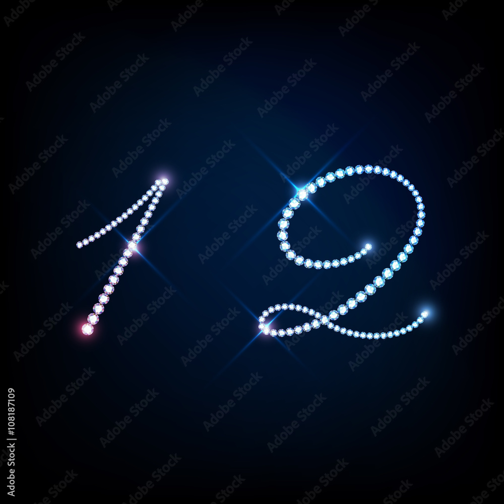 Fototapeta premium Sparkling diamond gemstone strass thread letter number 1, 2