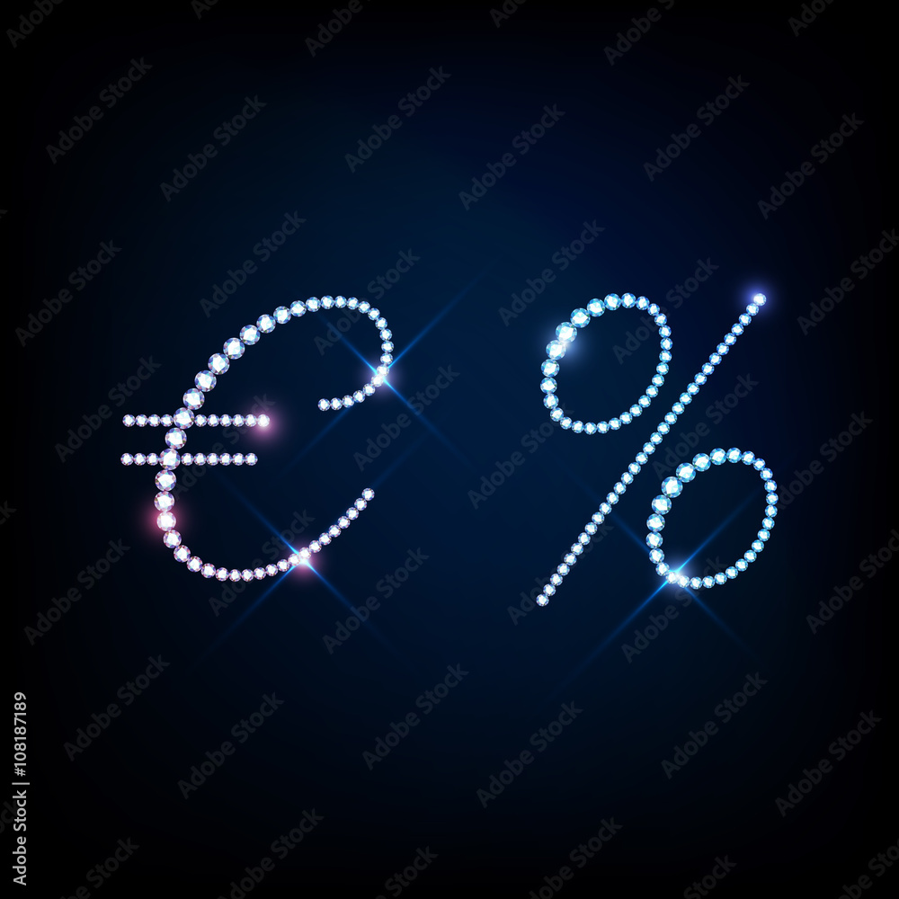 Fototapeta premium Sparkling diamond gemstone strass thread letter currency Euro, Per Cent