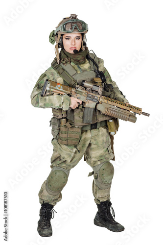 Portrait beautiful woman soldier or private military contractor with rifle. war, army, weapon, technology and people concept. Image on a white background