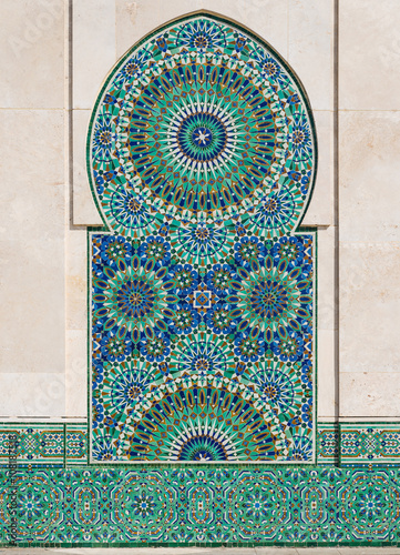 The mosaic in Grand Mosque of Hassan II with blue sky