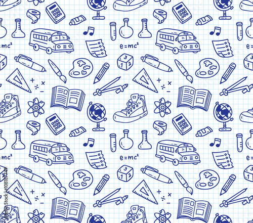 Back to school themed doodle seamless background
