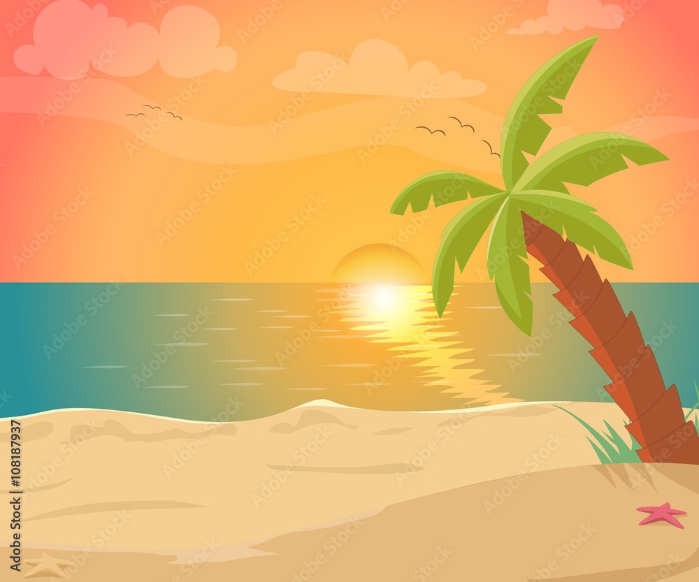  tropical sea island with palm trees and sun