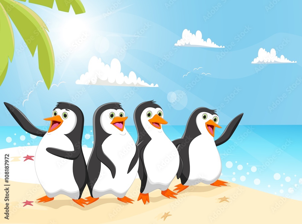 Obraz premium illustration of funny penguin cartoon on the beach