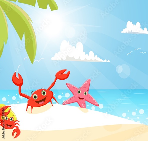 illustration of funny crab and starfish on the beach