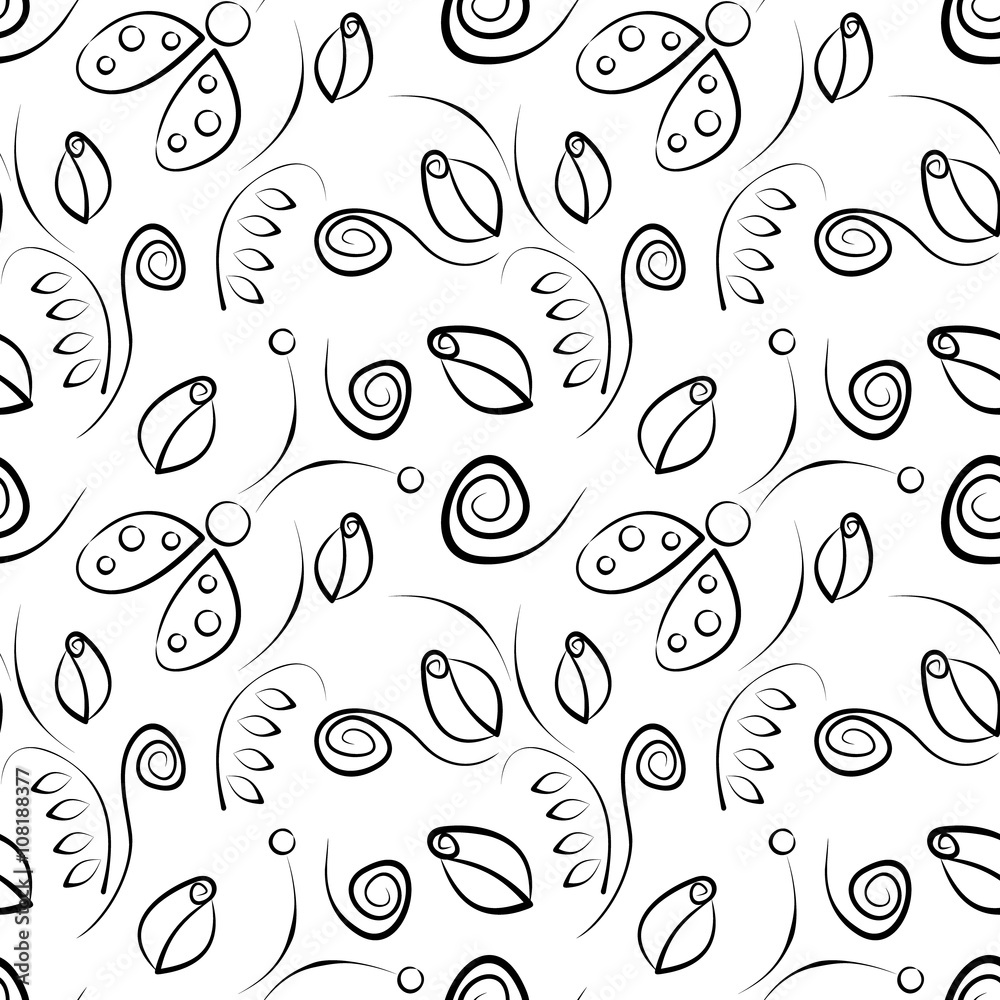 Seamless vector pattern with insect. Decorative black and white background with ladybugs, roses and decorative elements. Series of Animals and Insects Seamless Patterns. Seamless vector pattern with insect. Decorative black and white background with ladybugs, roses and decorative elements. Series of Animals and Insects Seamless Patterns.