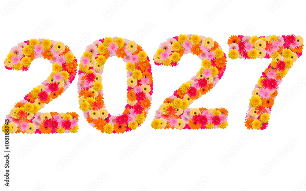 New year 2027 made from gerbera flowers isolated on white backgr New year 2027 made from gerbera flowers isolated on white backgr