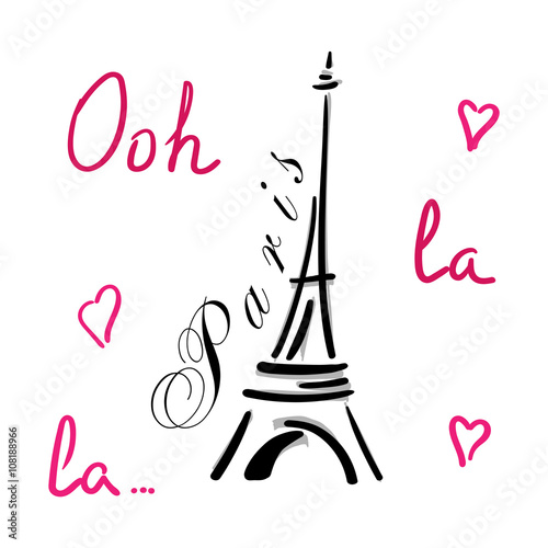 Eiffel Tower with hearts hand drawn. Decorative sketch silhouette. Typography background. France travel holiday concept. French graphic design for apparel, card, poster, t shirt. Vector illustration.