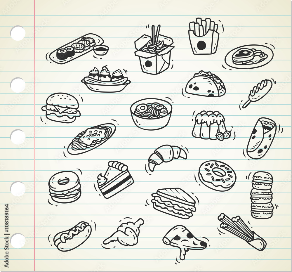 Set of delicious food doodle on paper background